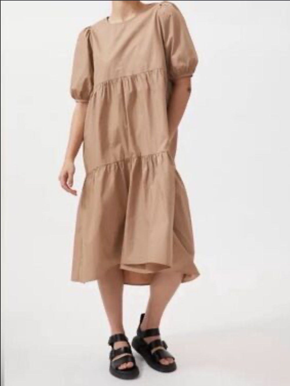 Anthropologie x MINKPINK Beige Tiered Midi Dress with Puff Sleeves